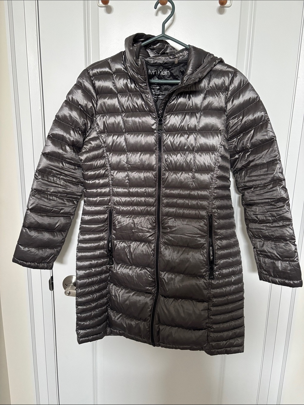 Calvin Klein Women's Metallic Gray Long Packable Puffer Coat